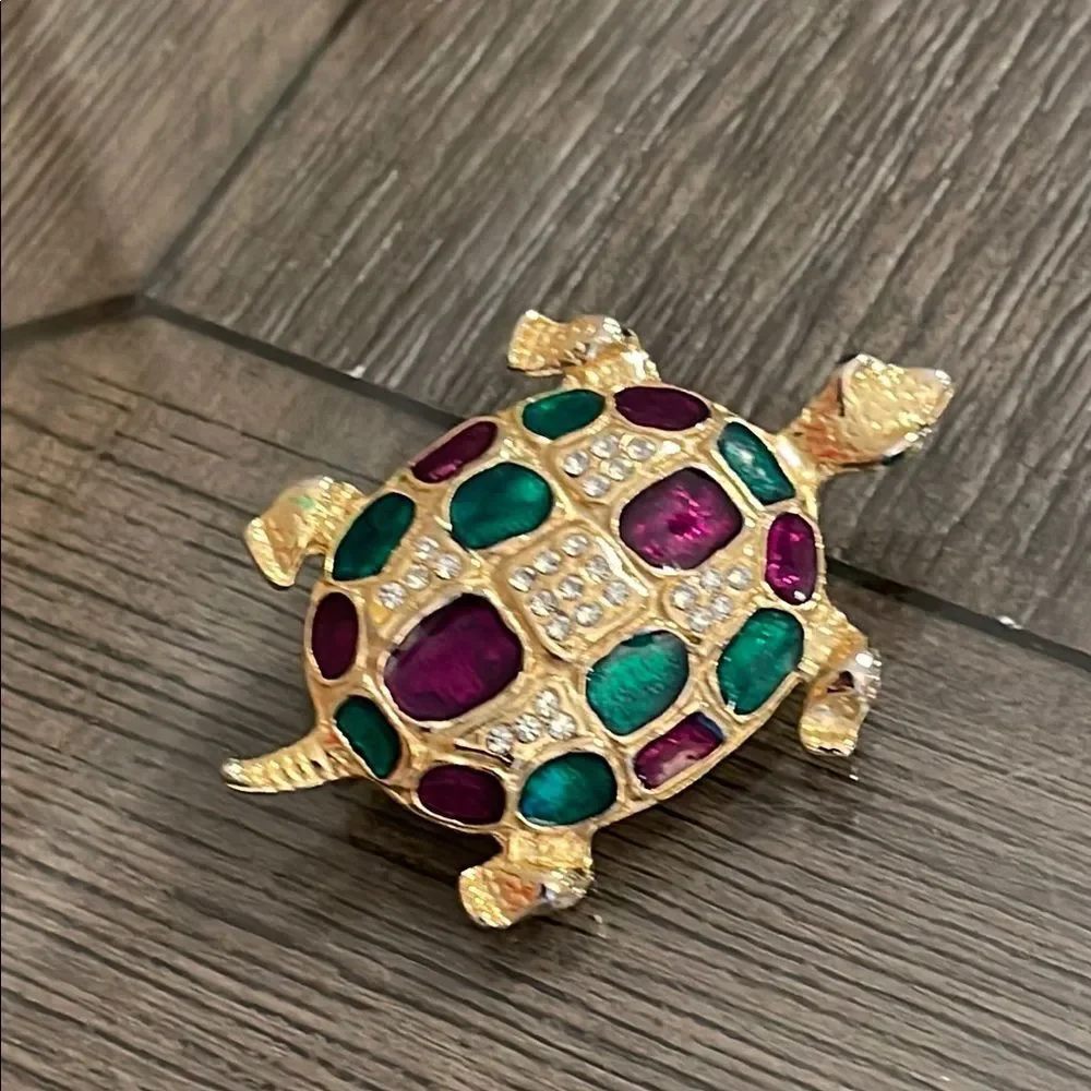 Vintage Gold-tone Rhinestone & Enamel Turtle Pin